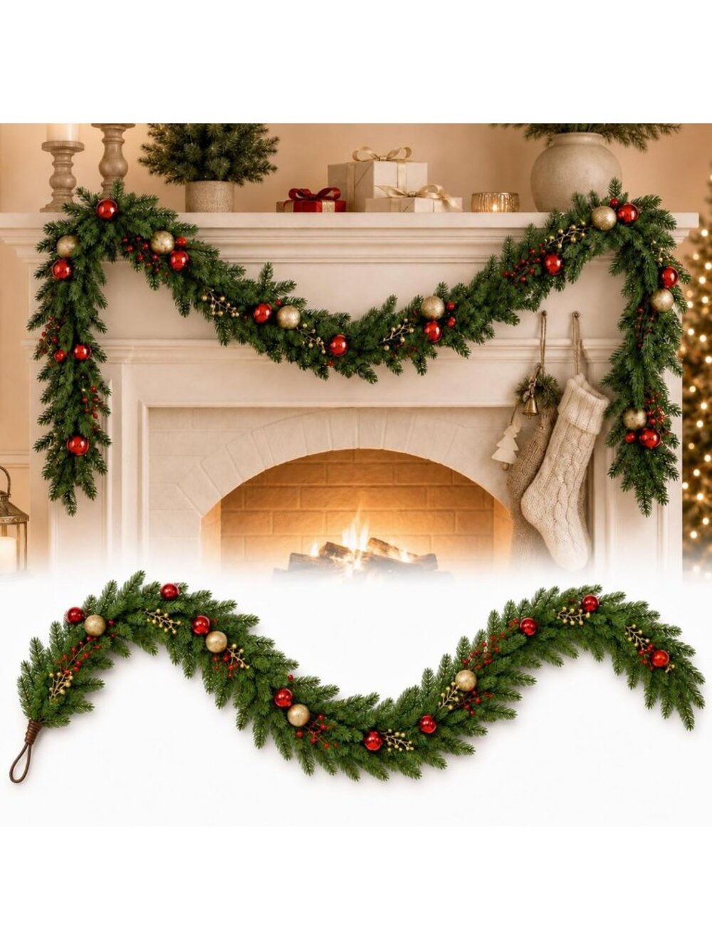 6FT Festive Artificial Christmas Garland with Red & Gold Ornaments, Berry